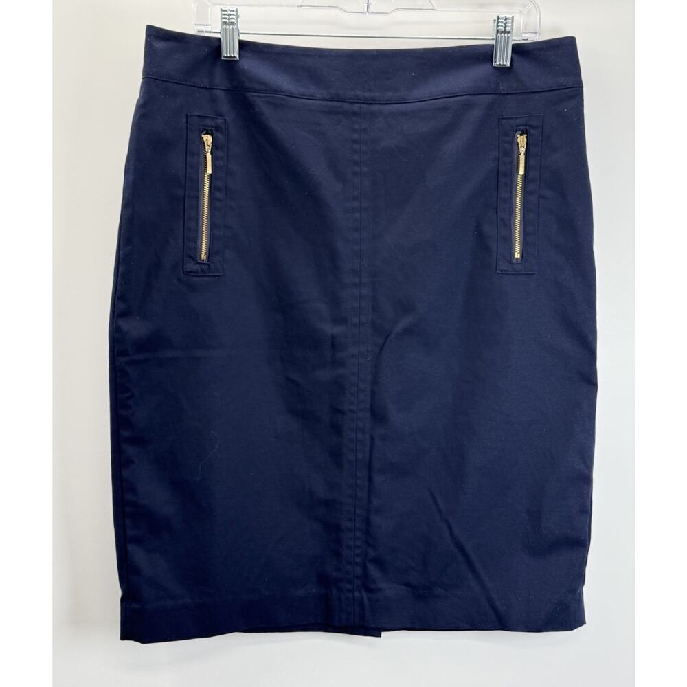 Rafaella Navy Blue Pencil Skirt Gold Zip Accent Stretch Career Size 12